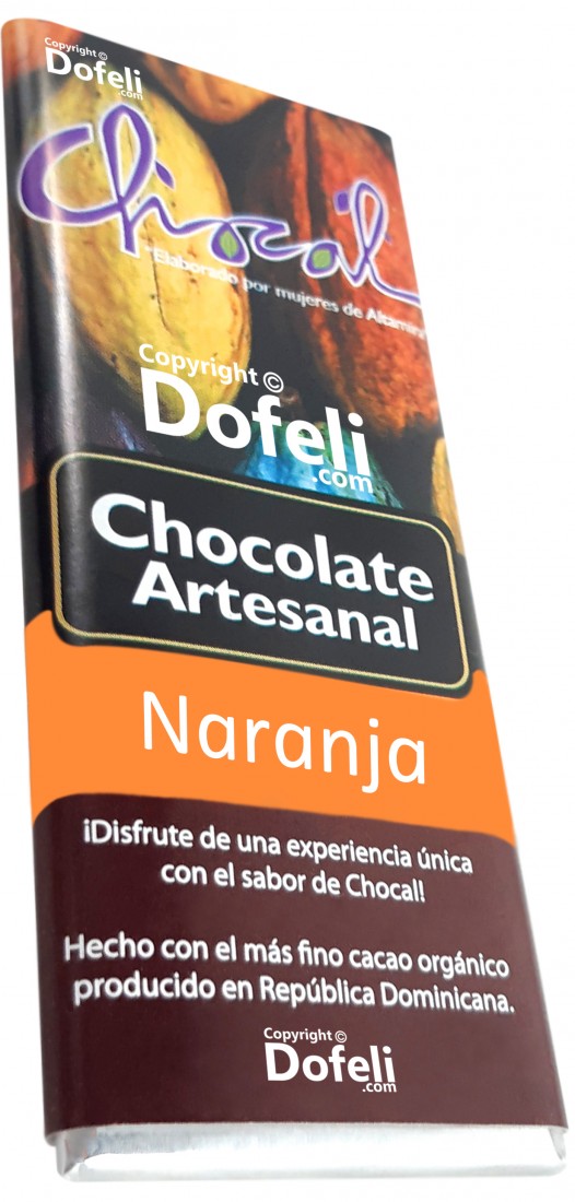 Dominican Republic orange-flavored chocolate bar made by Chocal with artisan techniques and cocoa.